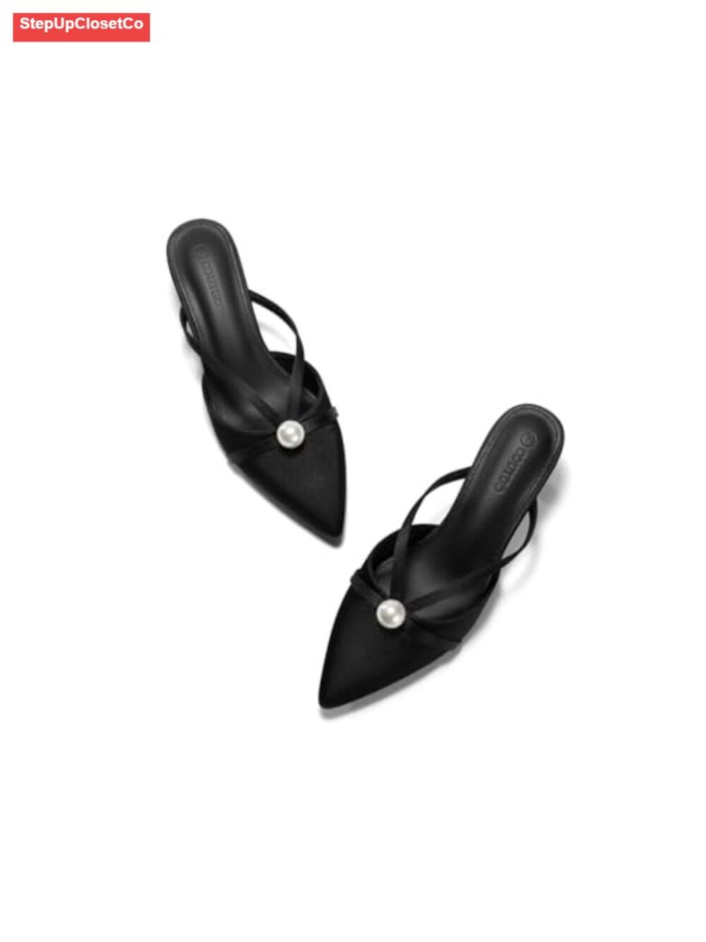 Pearl Embellished Kitten Heel Mules Closed Toe Satin Wedding Party Slip On